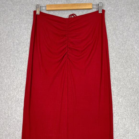 SKIMS Brick Red Soft Lounge Ribbed Ruched Long Maxi Skirt Size Medium - Picture 6 of 9